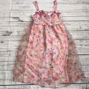 Women's Pink Organza Floral Printed Bow Dress Valentines Day Easter Church 3X